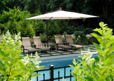 Gunite pool with bluestone patio and artificial turf.