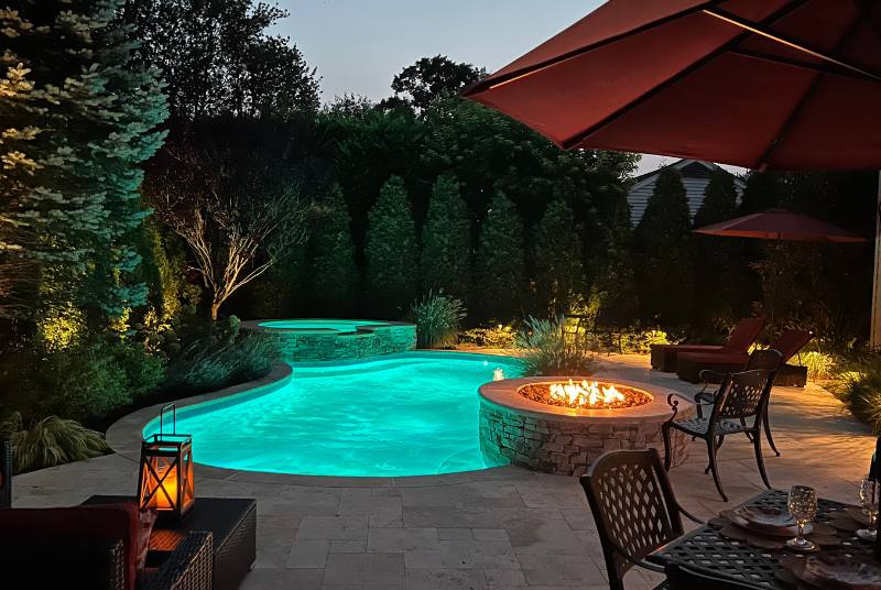 LINLA 2024-2025 Gold Winner Hicks Landscapes Backyard Design Build, Pool Design, Spa Design, Fire Pit, Patio, Walkways, Plantings, Drainage, Sod, Massapequa